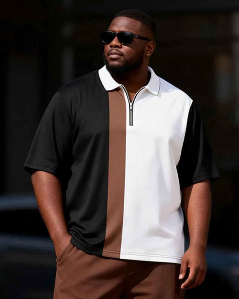 Big & Tall Men's Black And White Brown Stitching Printed Zipper Polo Short Sleeve Trousers Set sold by Biggmans product image thumbnail 2