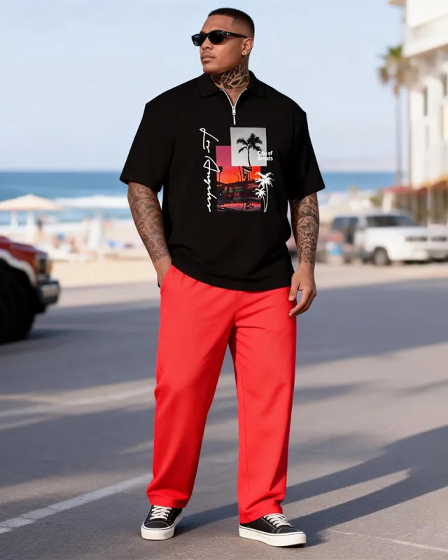 Big & Tall Men's Los Angeles Sunset Print Zipper Polo Short Sleeve Pants Set made by Biggmans
