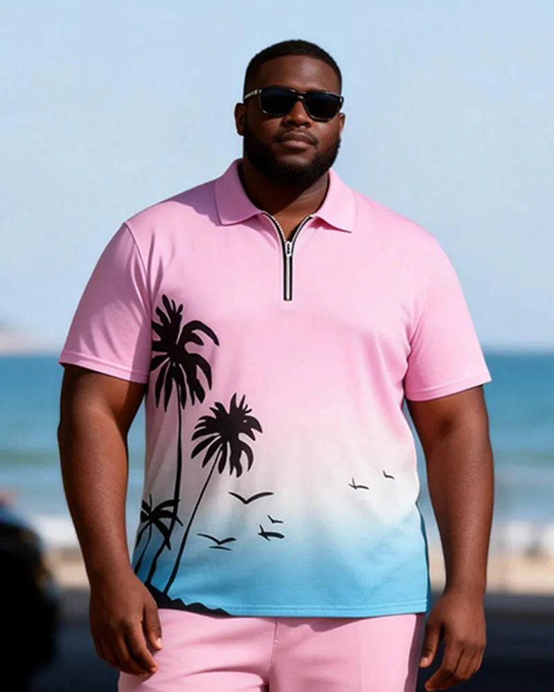 Big & Tall Men's Pink Blue Gradient Coconut Print Zipper Polo Short Sleeve Pants Set sold by Biggmans product image thumbnail 2