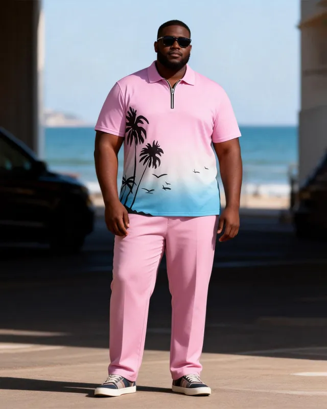 Big & Tall Men's Pink Blue Gradient Coconut Print Zipper Polo Short Sleeve Pants Set made by Biggmans
