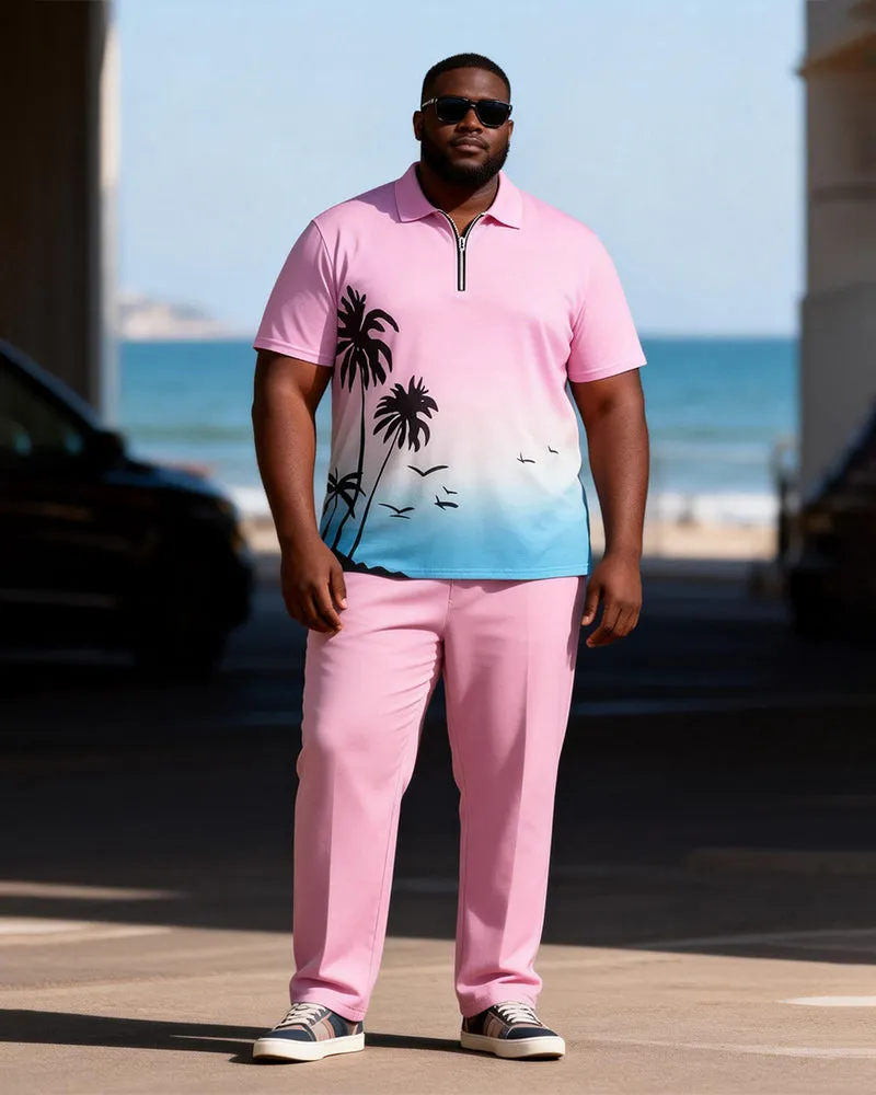 Big & Tall Men's Pink Blue Gradient Coconut Print Zipper Polo Short Sleeve Pants Set sold by Biggmans