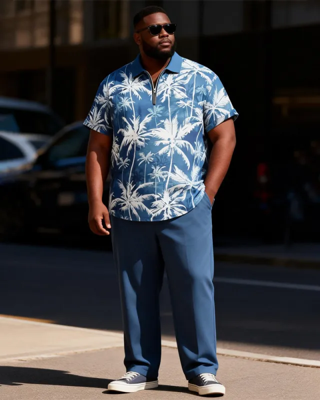 Big & Tall Men's Blue And White Coconut Tie-Dye Printed Zipper Polo Short Sleeve Pants Set made by Biggmans
