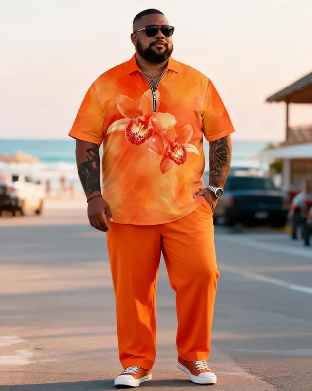 Big & Tall Men's Orange Red Floral Print Zipper Polo Short Sleeve Pants Set made by Biggmans