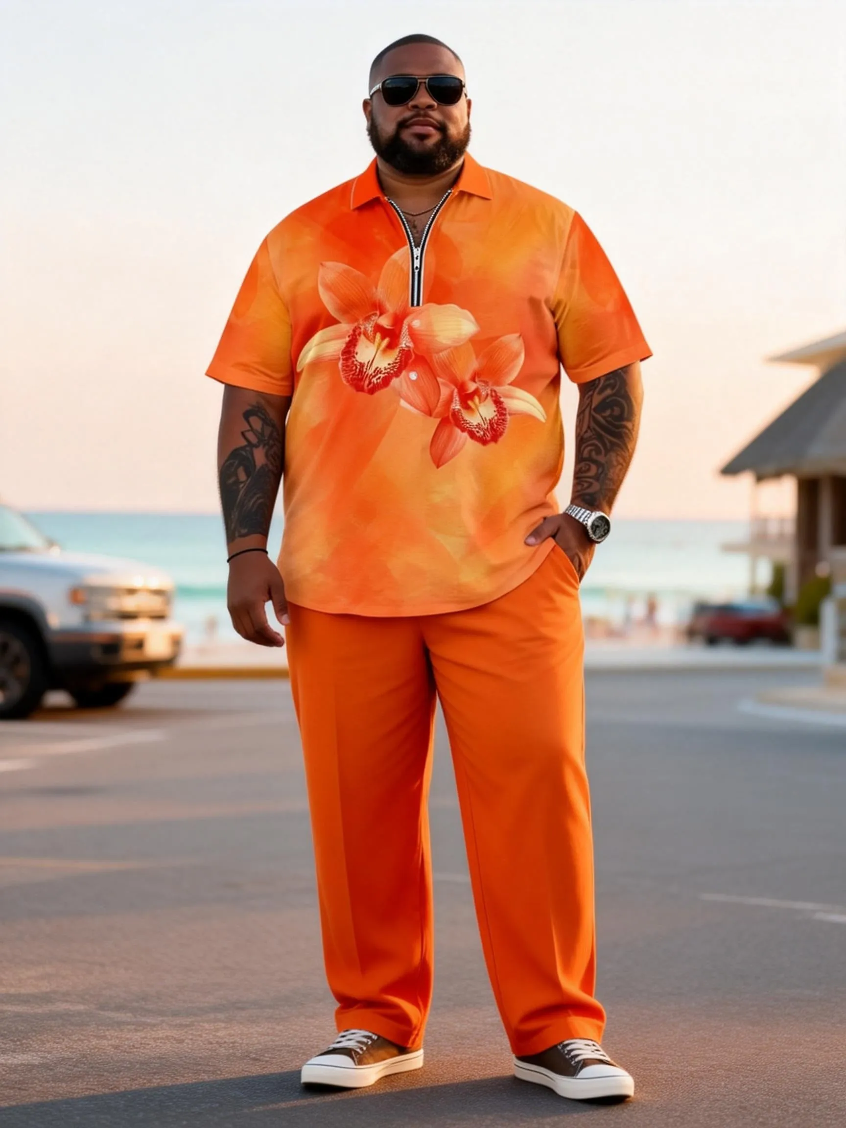Big & Tall Men's Orange Red Floral Print Zipper Polo Short Sleeve Pants Set sold by Biggmans product image thumbnail 4