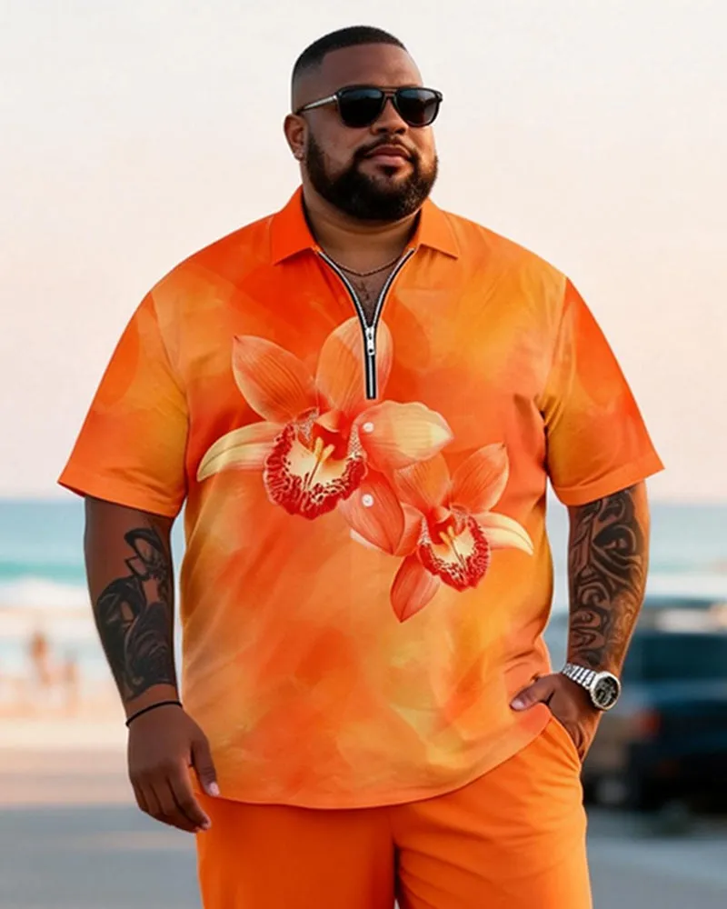 Big & Tall Men's Orange Red Floral Print Zipper Polo Short Sleeve Pants Set sold by Biggmans product image thumbnail 2