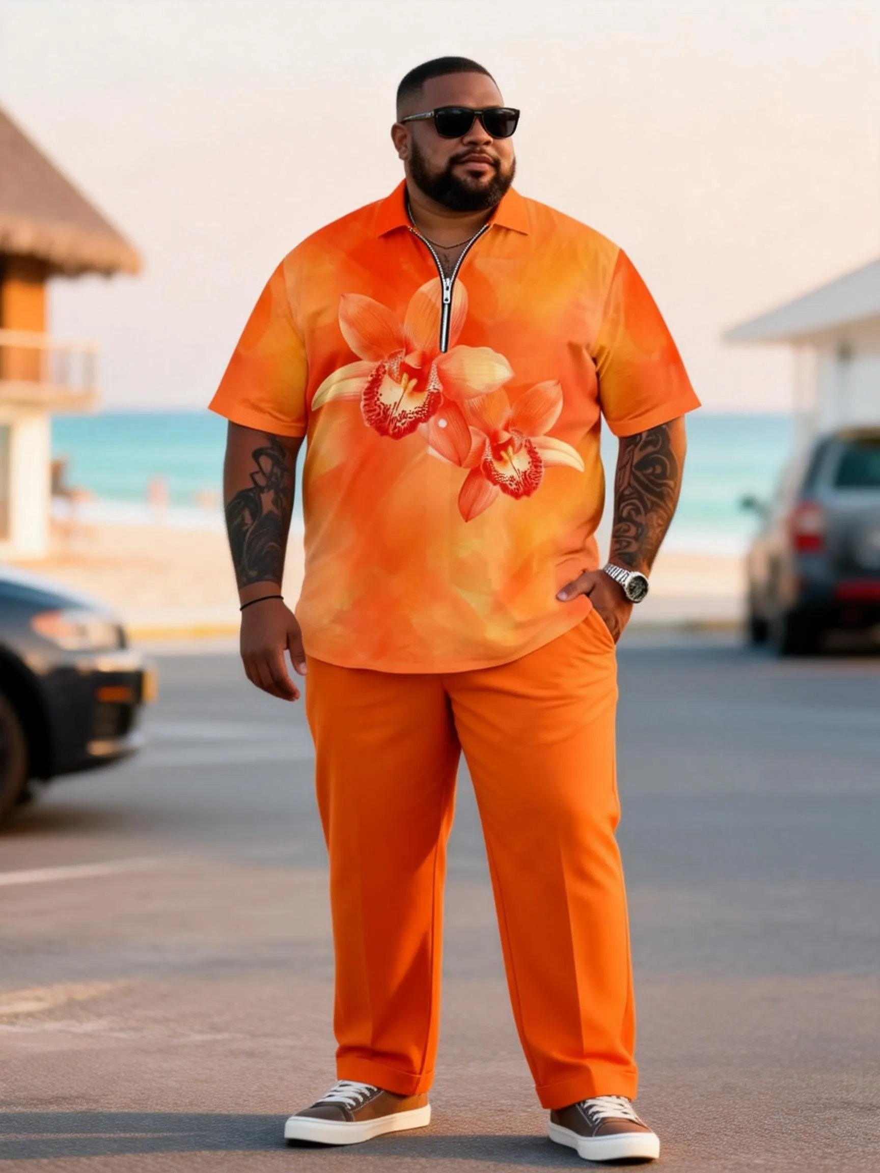 Big & Tall Men's Orange Red Floral Print Zipper Polo Short Sleeve Pants Set sold by Biggmans product image thumbnail 5