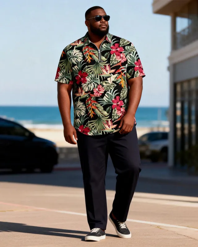 Big & Tall Men's Tropical Floral Print Zipper Polo Short Sleeve Pants Set sold by Biggmans