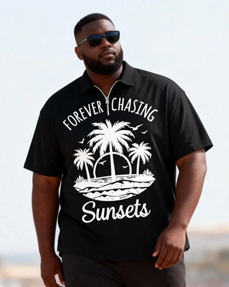 Big & Tall Men's Sun-chasing Coconut Tree Printed Zipper Polo Short-sleeved Pants Set sold by Biggmans product image thumbnail 2