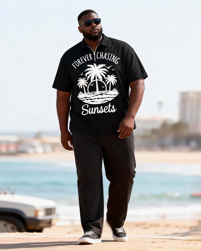 Big & Tall Men's Sun-chasing Coconut Tree Printed Zipper Polo Short-sleeved Pants Set sold by Biggmans