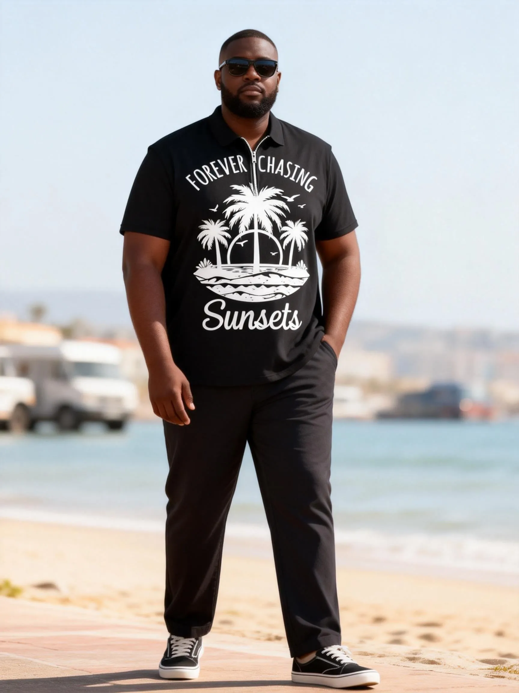 Big & Tall Men's Sun-chasing Coconut Tree Printed Zipper Polo Short-sleeved Pants Set sold by Biggmans product image thumbnail 5