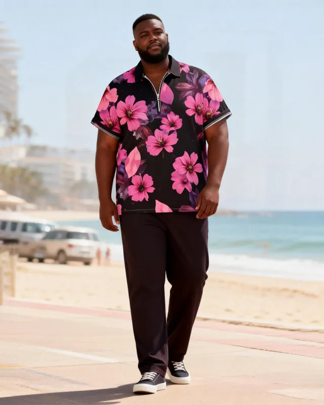 Big & Tall Men's Tropical Pink Floral Print Zipper Polo Short Sleeve Pants Set sold by Biggmans