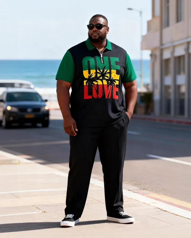 Big & Tall Men's Jamaican One Love Printed Zipper Polo Short Sleeve Pants Set made by Biggmans