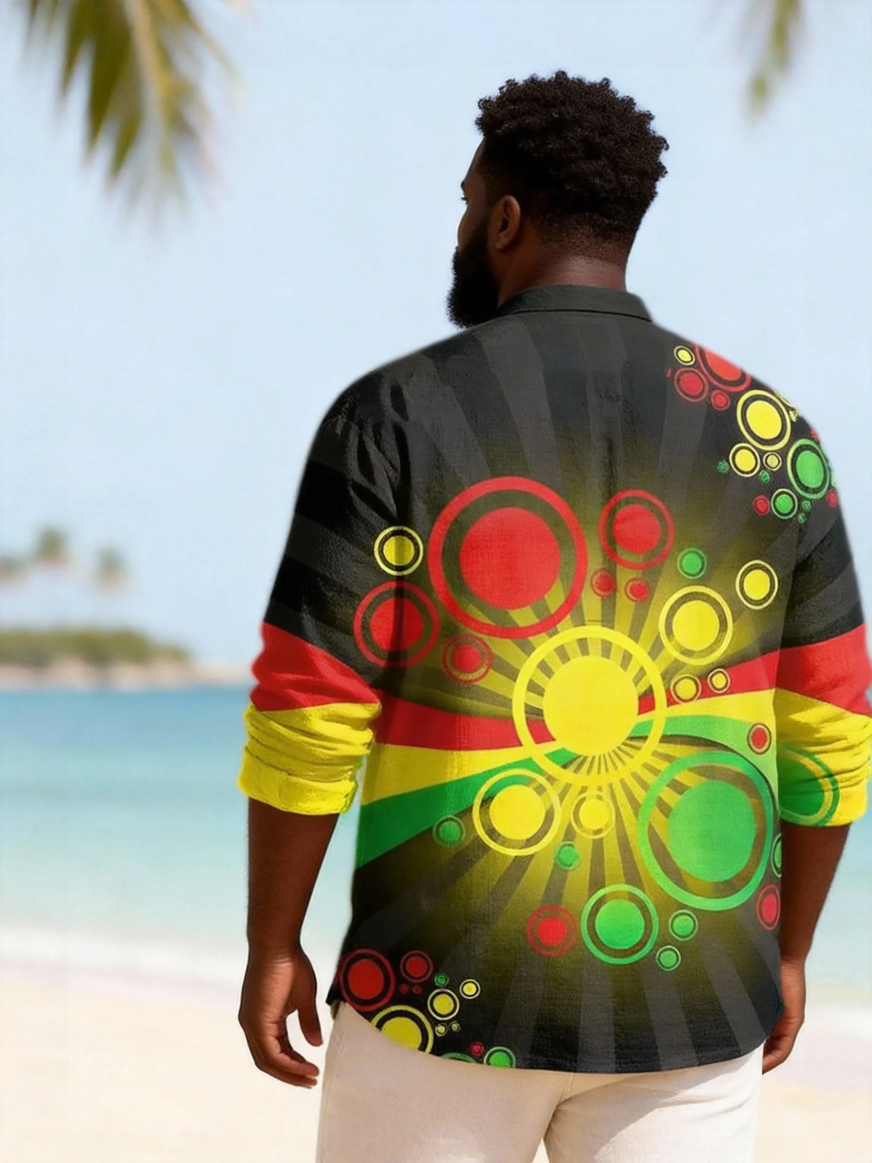 Big & Tall Men's Reggae Colorful Circle Printed Henry Collar Long Sleeve Shirt sold by Biggmans product image thumbnail 3