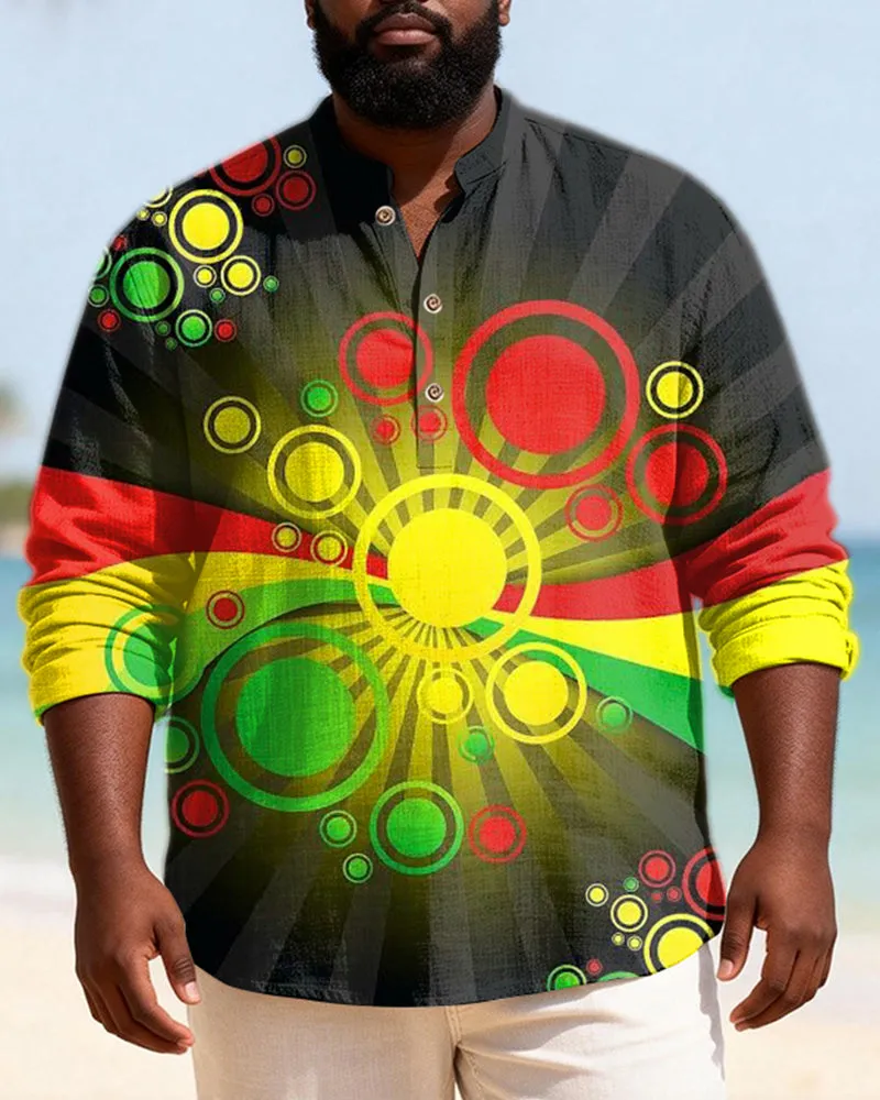 Big & Tall Men's Reggae Colorful Circle Printed Henry Collar Long Sleeve Shirt sold by Biggmans