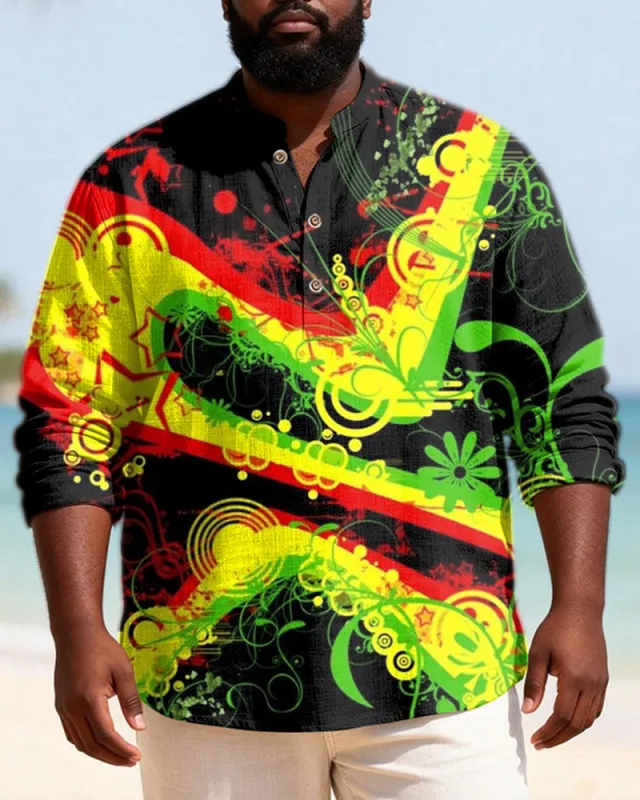 Big & Tall Men's Reggae Splash Ink Graffiti Printed Henry Collar Long Sleeve Shirt sold by Biggmans