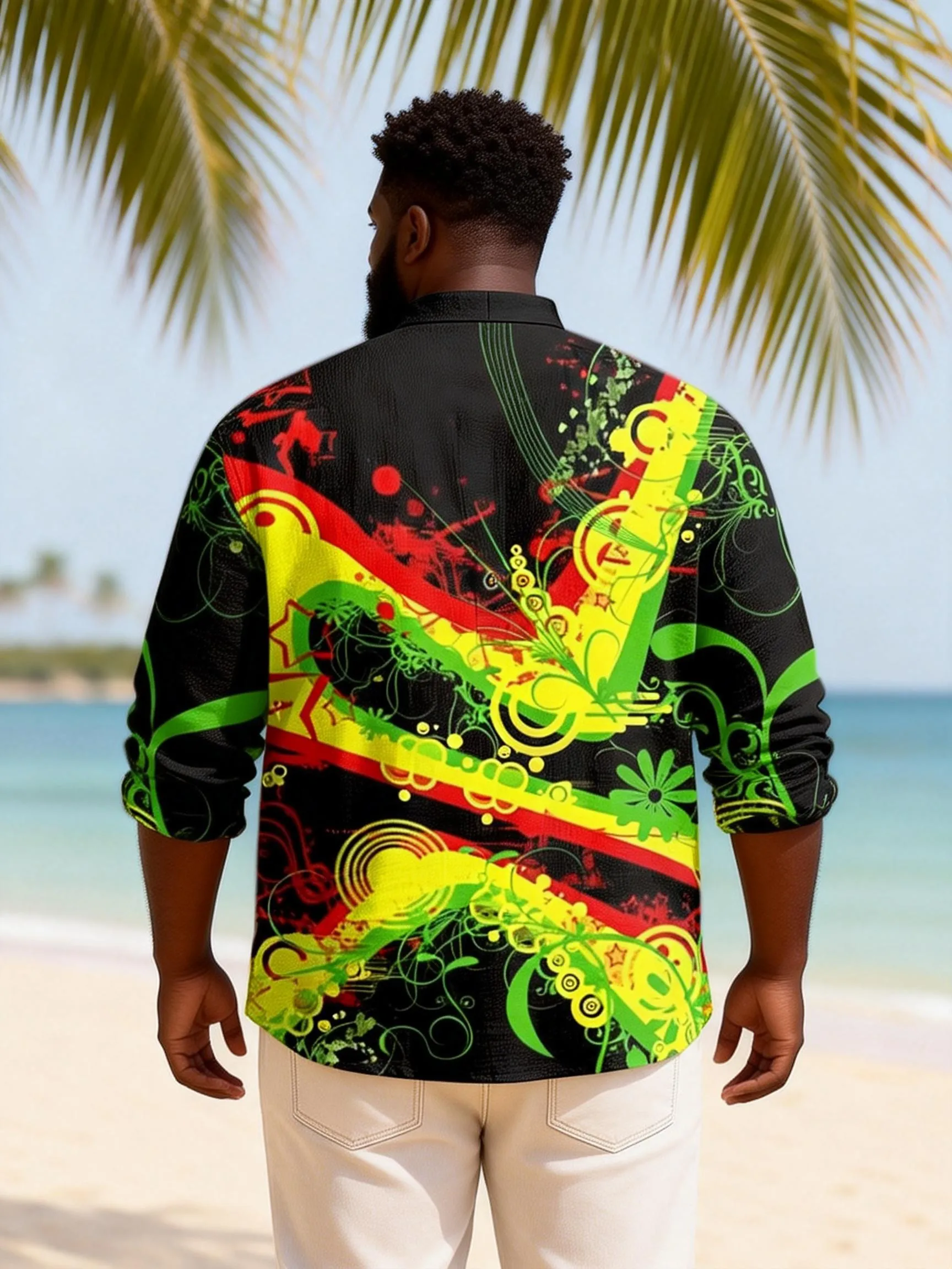 Big & Tall Men's Reggae Splash Ink Graffiti Printed Henry Collar Long Sleeve Shirt sold by Biggmans product image thumbnail 3
