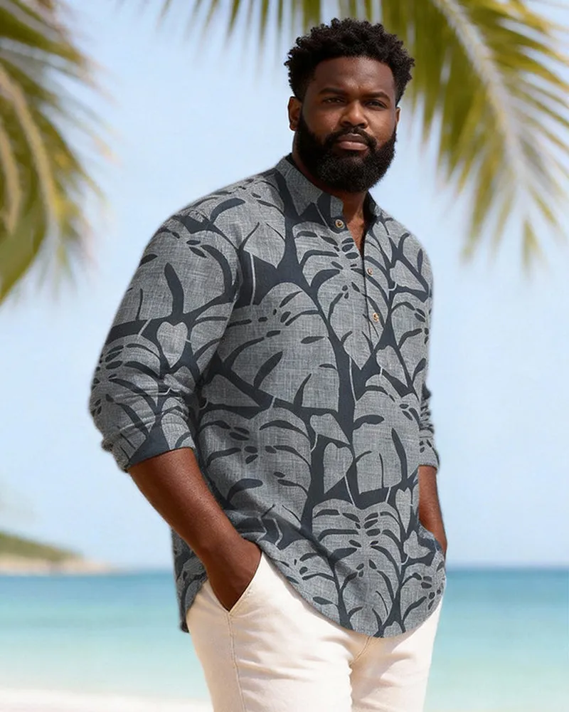 Big & Tall Men's Dark Grey Blue Leaf Textured Print Henry Collar Long Sleeve Shirt sold by Biggmans product image thumbnail 3