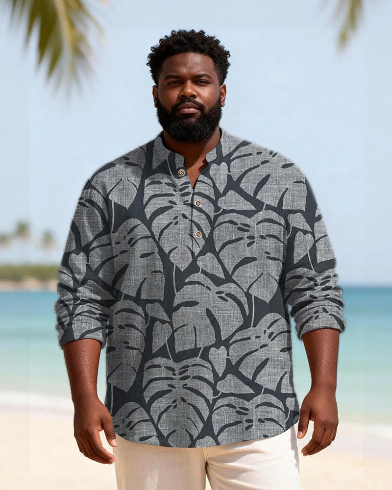 Big & Tall Men's Dark Grey Blue Leaf Textured Print Henry Collar Long Sleeve Shirt sold by Biggmans product image thumbnail 2