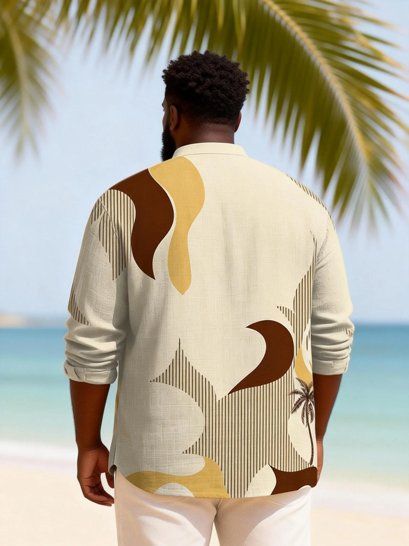 Big & Tall Men's Palm Tree Stripe Contrast Printed Henry Collar Long Sleeve Shirt sold by Biggmans product image thumbnail 3