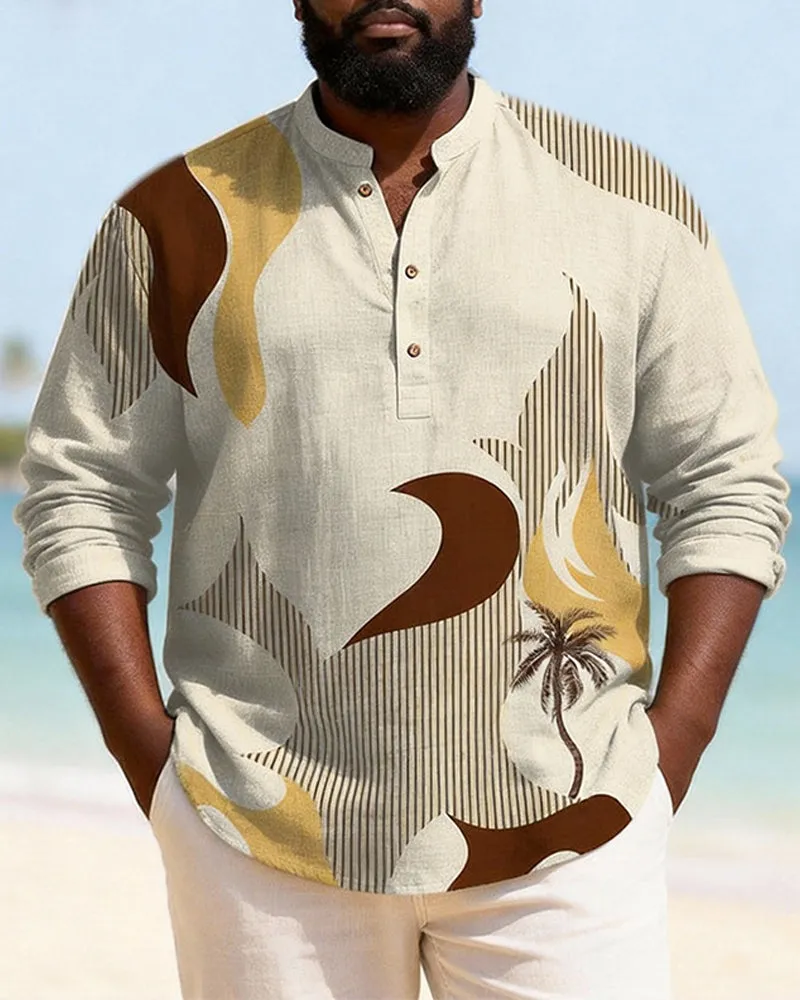 Big & Tall Men's Palm Tree Stripe Contrast Printed Henry Collar Long Sleeve Shirt sold by Biggmans