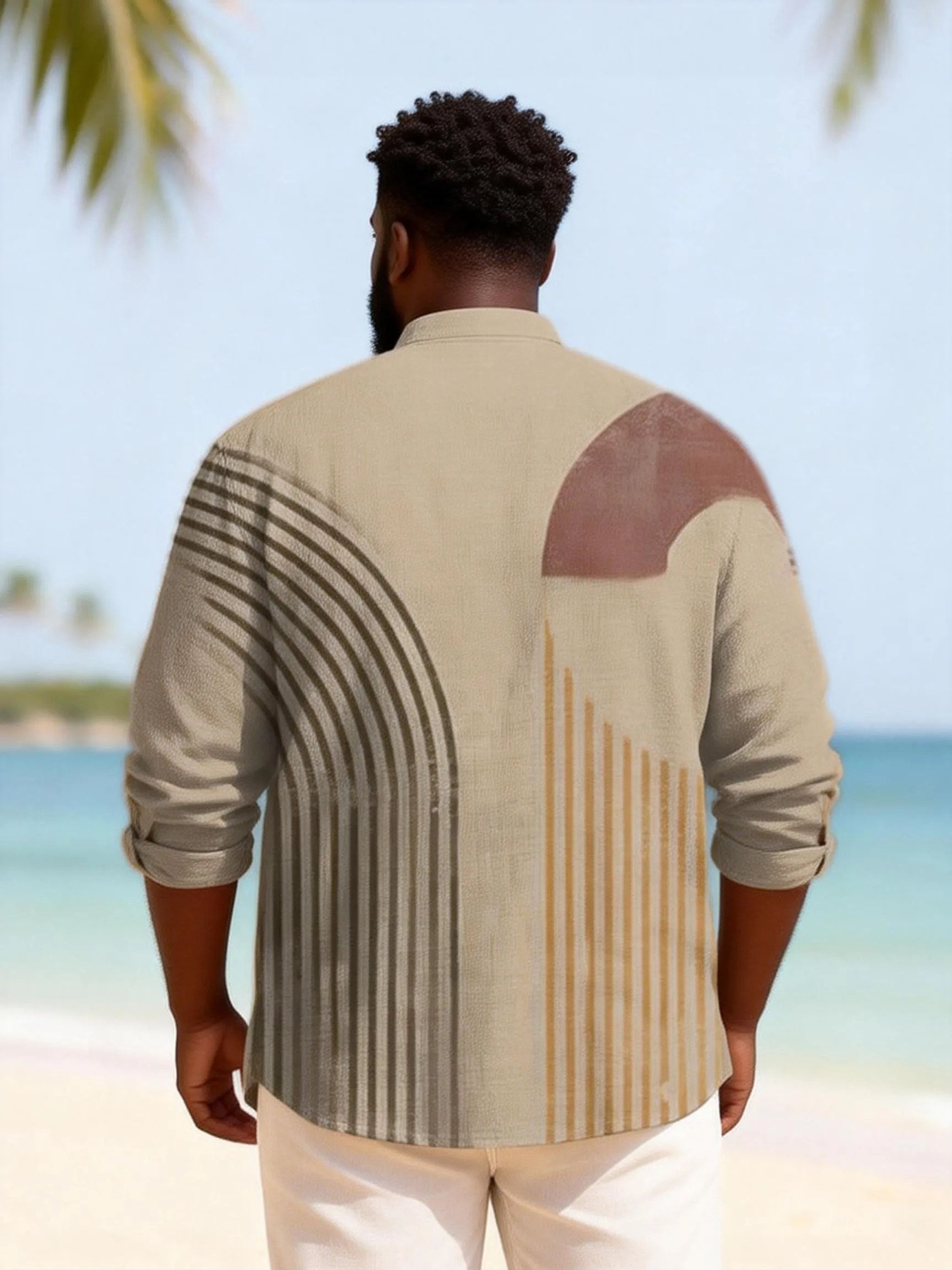 Big & Tall Men's Geometric Stripe Patchwork Printed Henry Collar Long Sleeve Shirt sold by Biggmans product image thumbnail 4