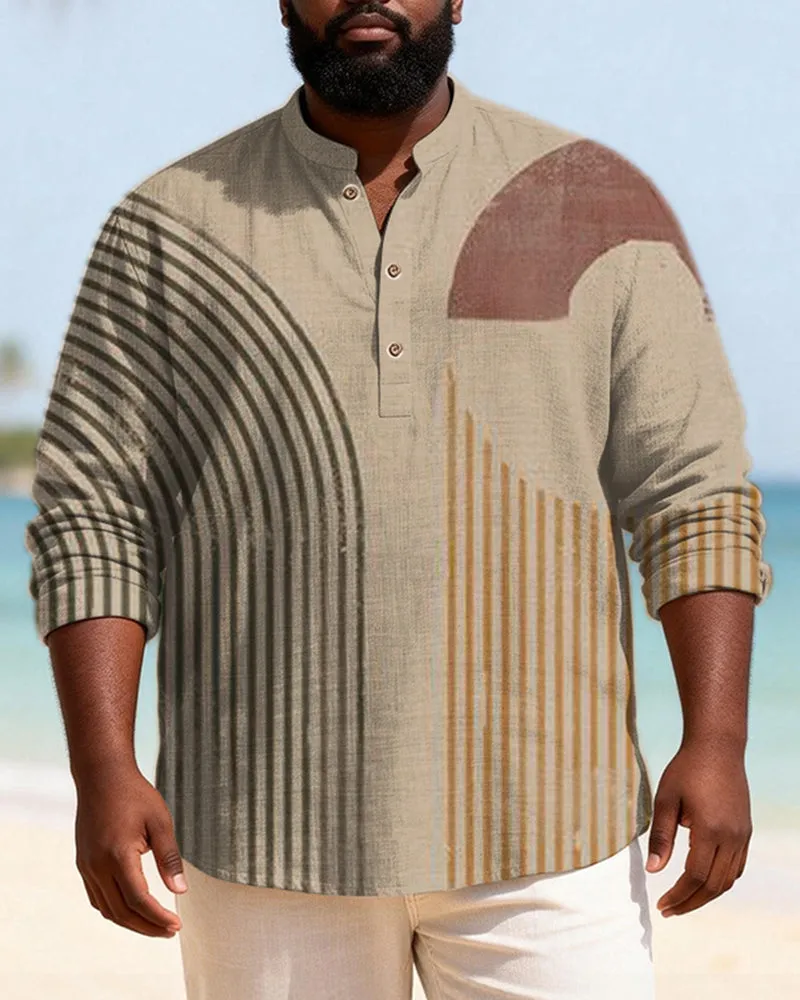 Big & Tall Men's Geometric Stripe Patchwork Printed Henry Collar Long Sleeve Shirt sold by Biggmans