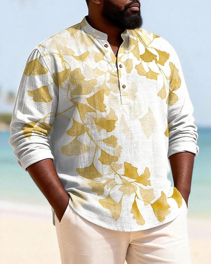 Big & Tall Men's Ginkgo Biloba Printed Henry Collar Long Sleeve Shirt sold by Biggmans