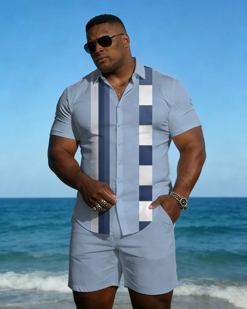 Big & Tall Men's Spring And Summer New Leisure Vacation Blue Plaid Geometric Stitching Short Sleeve Shirt Shorts Set sold by Biggmans
