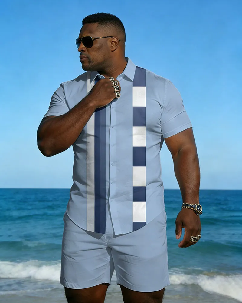 Big & Tall Men's Spring And Summer New Leisure Vacation Blue Plaid Geometric Stitching Short Sleeve Shirt Shorts Set sold by Biggmans product image thumbnail 5