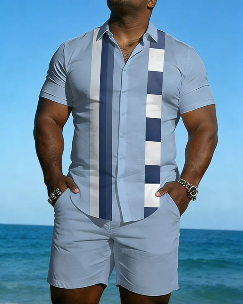 Big & Tall Men's Spring And Summer New Leisure Vacation Blue Plaid Geometric Stitching Short Sleeve Shirt Shorts Set sold by Biggmans product image thumbnail 2