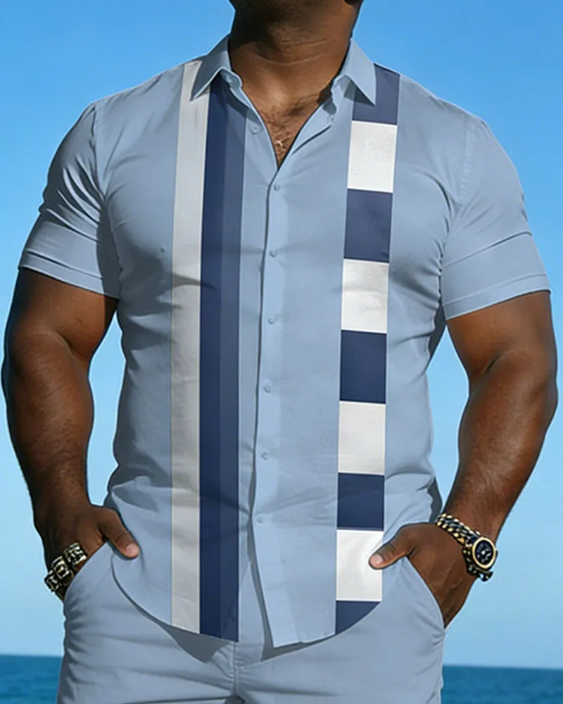 Big & Tall Men's Spring And Summer New Leisure Vacation Blue Plaid Geometric Stitching Short Sleeve Shirt Shorts Set sold by Biggmans product image thumbnail 3