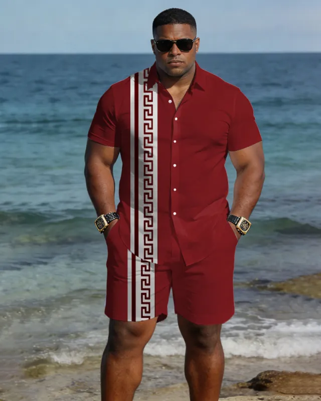 Big & Tall Men's Spring And Summer New Leisure Vacation Red Retro Geometric Pattern Short Sleeve Shirt Shorts Set made by Biggmans