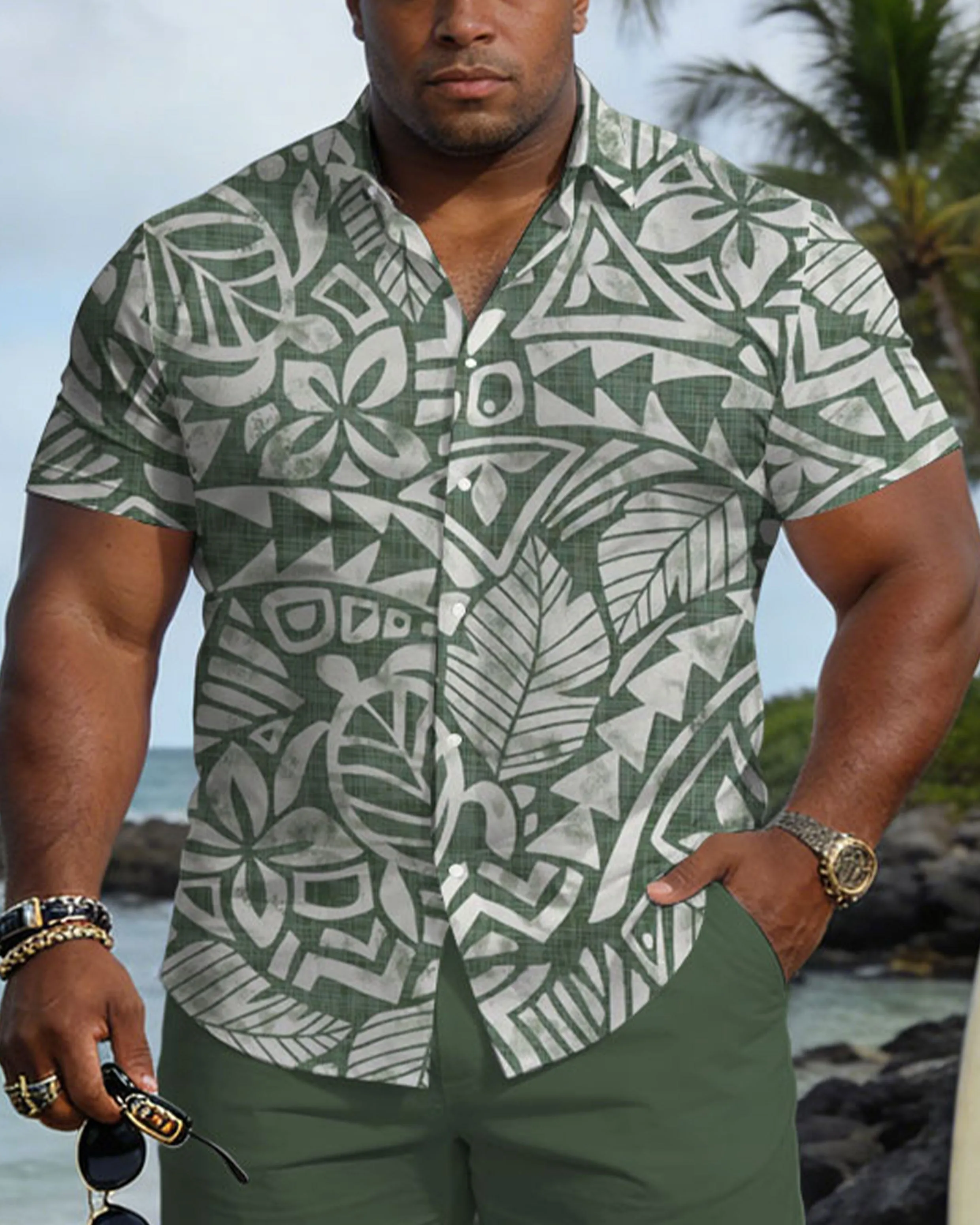 Big & Tall Men's Hawaiian Holiday Style Green Short Sleeve Shirt Shorts Set sold by Biggmans product image thumbnail 3