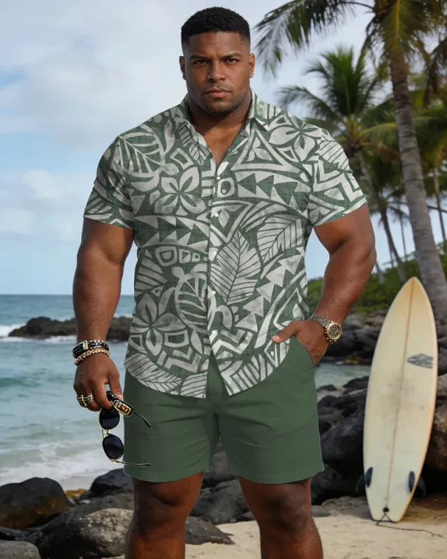 Big & Tall Men's Hawaiian Holiday Style Green Short Sleeve Shirt Shorts Set made by Biggmans