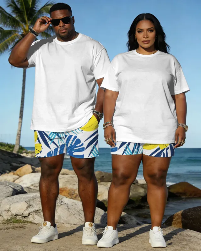 Big & Tall Spring And Summer New Valentine's Day Dating Party Party Vacation Plant Printed White Crewneck Short Sleeve T-Shirt Shorts Set Couple Dress made by Biggmans