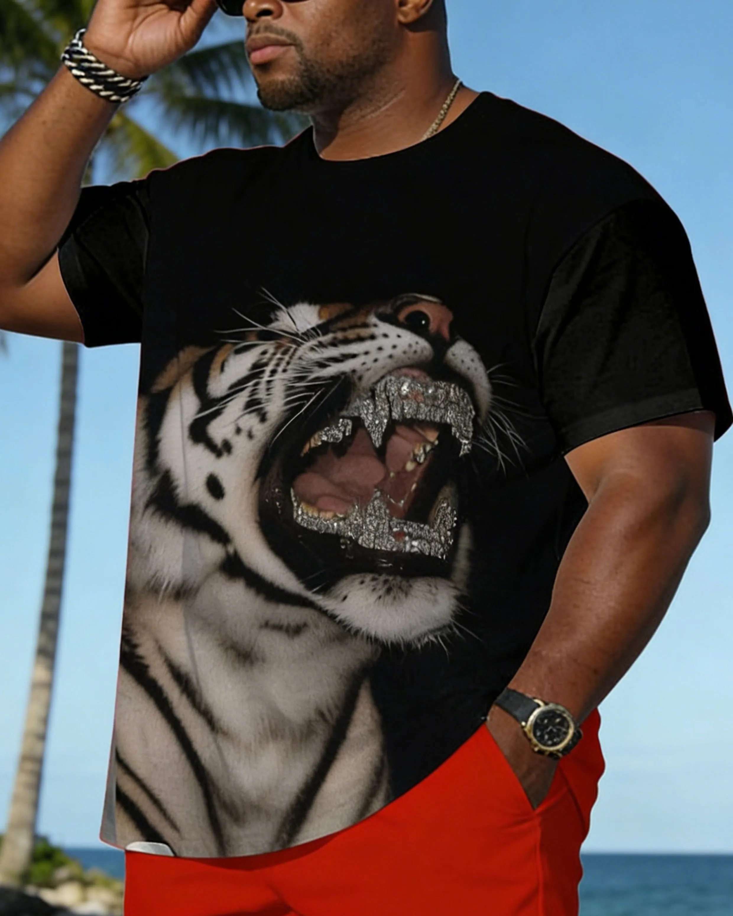Big & Tall Spring And Summer New Valentine's Day Dating Party Party Holiday 3D Tiger Pattern Printed Crewneck Short Sleeve T-Shirt Shorts Set Couple Dress sold by Biggmans product image thumbnail 4