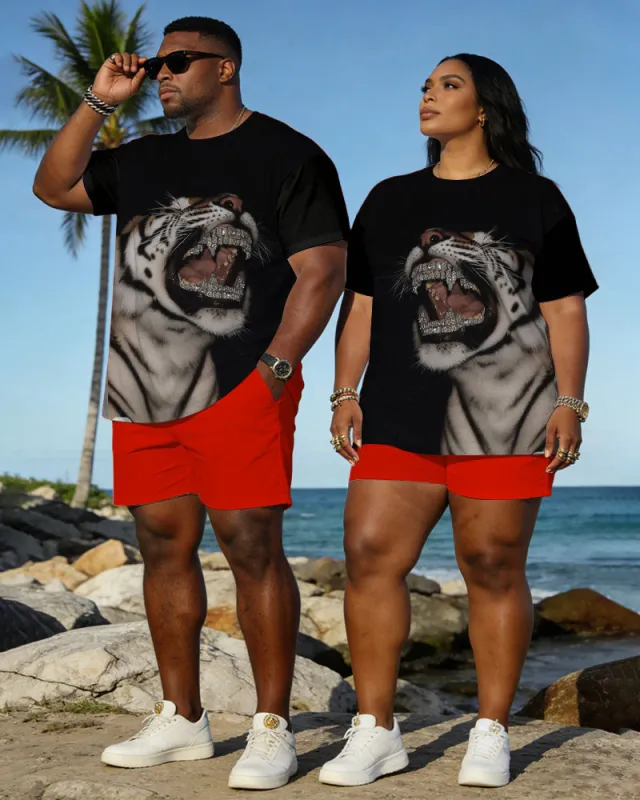 Big & Tall Spring And Summer New Valentine's Day Dating Party Party Holiday 3D Tiger Pattern Printed Crewneck Short Sleeve T-Shirt Shorts Set Couple Dress made by Biggmans