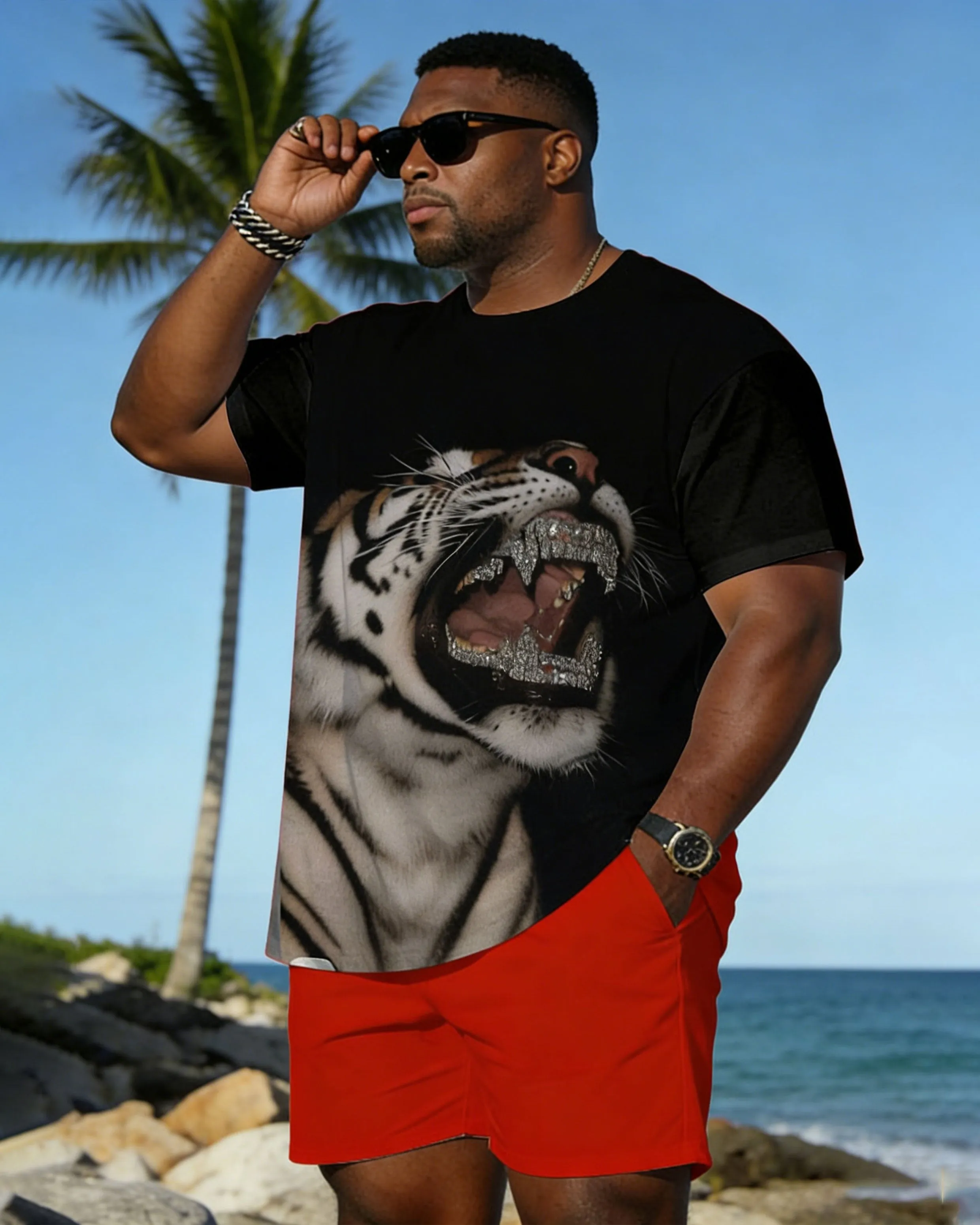 Big & Tall Spring And Summer New Valentine's Day Dating Party Party Holiday 3D Tiger Pattern Printed Crewneck Short Sleeve T-Shirt Shorts Set Couple Dress sold by Biggmans product image thumbnail 3