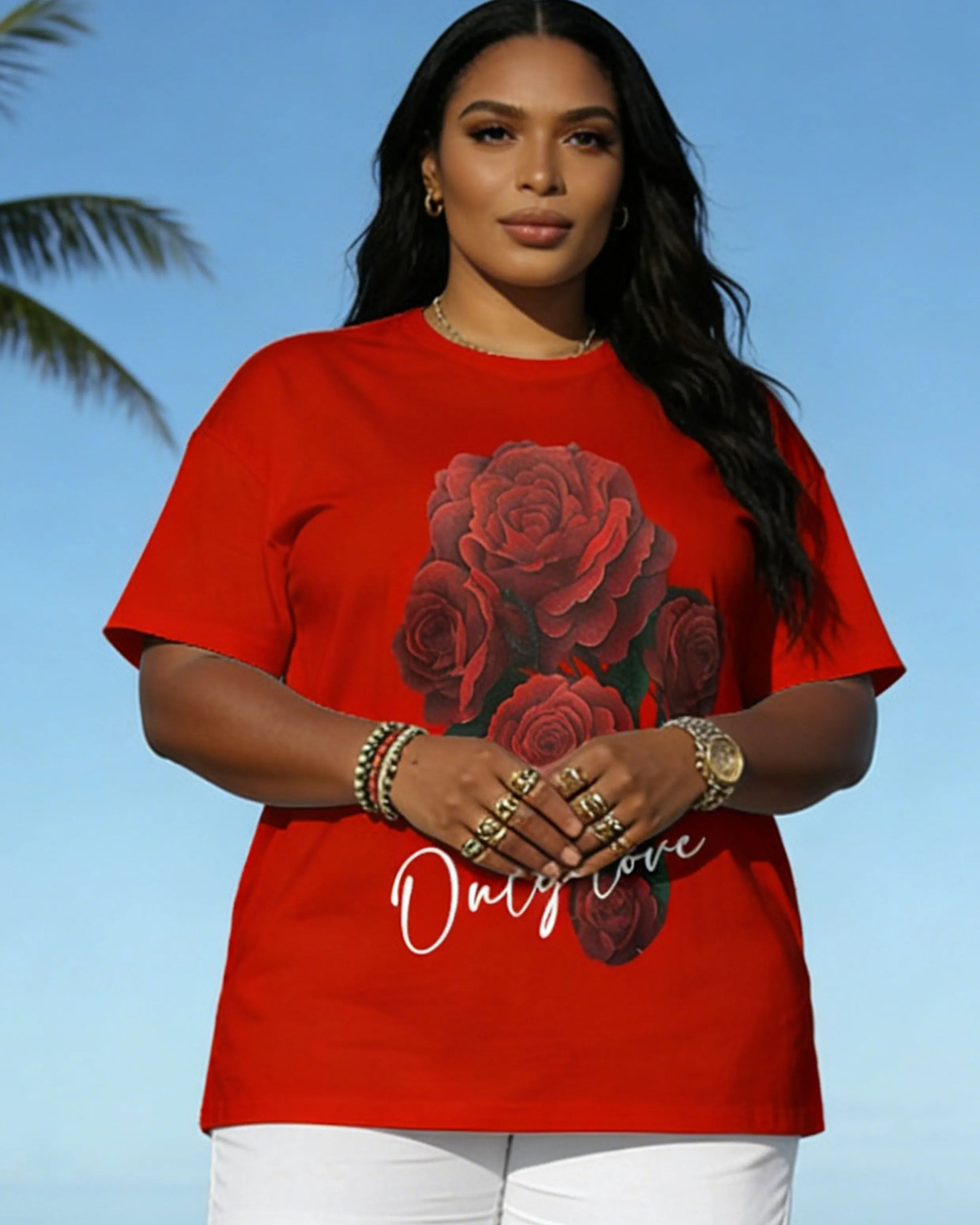 Big & Tall Spring And Summer New Valentine's Day Dating Party Party Holiday Rose Pattern Printed Round Neck Short Sleeve T-Shirt Shorts Set Couple Dress sold by Biggmans product image thumbnail 5