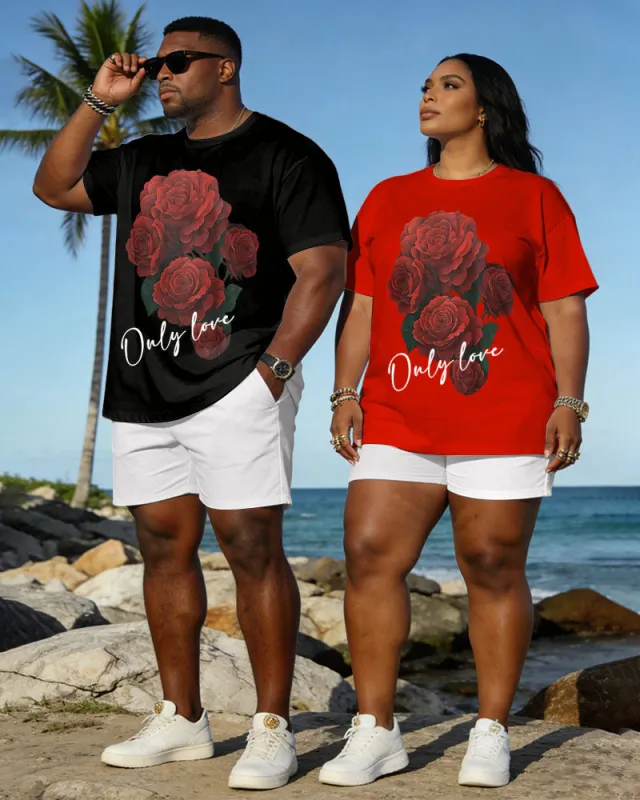 Big & Tall Spring And Summer New Valentine's Day Dating Party Party Holiday Rose Pattern Printed Round Neck Short Sleeve T-Shirt Shorts Set Couple Dress made by Biggmans