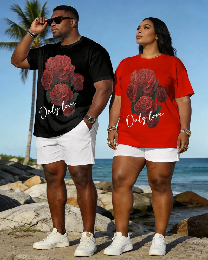 Big & Tall Spring And Summer New Valentine's Day Dating Party Party Holiday Rose Pattern Printed Round Neck Short Sleeve T-Shirt Shorts Set Couple Dress sold by Biggmans