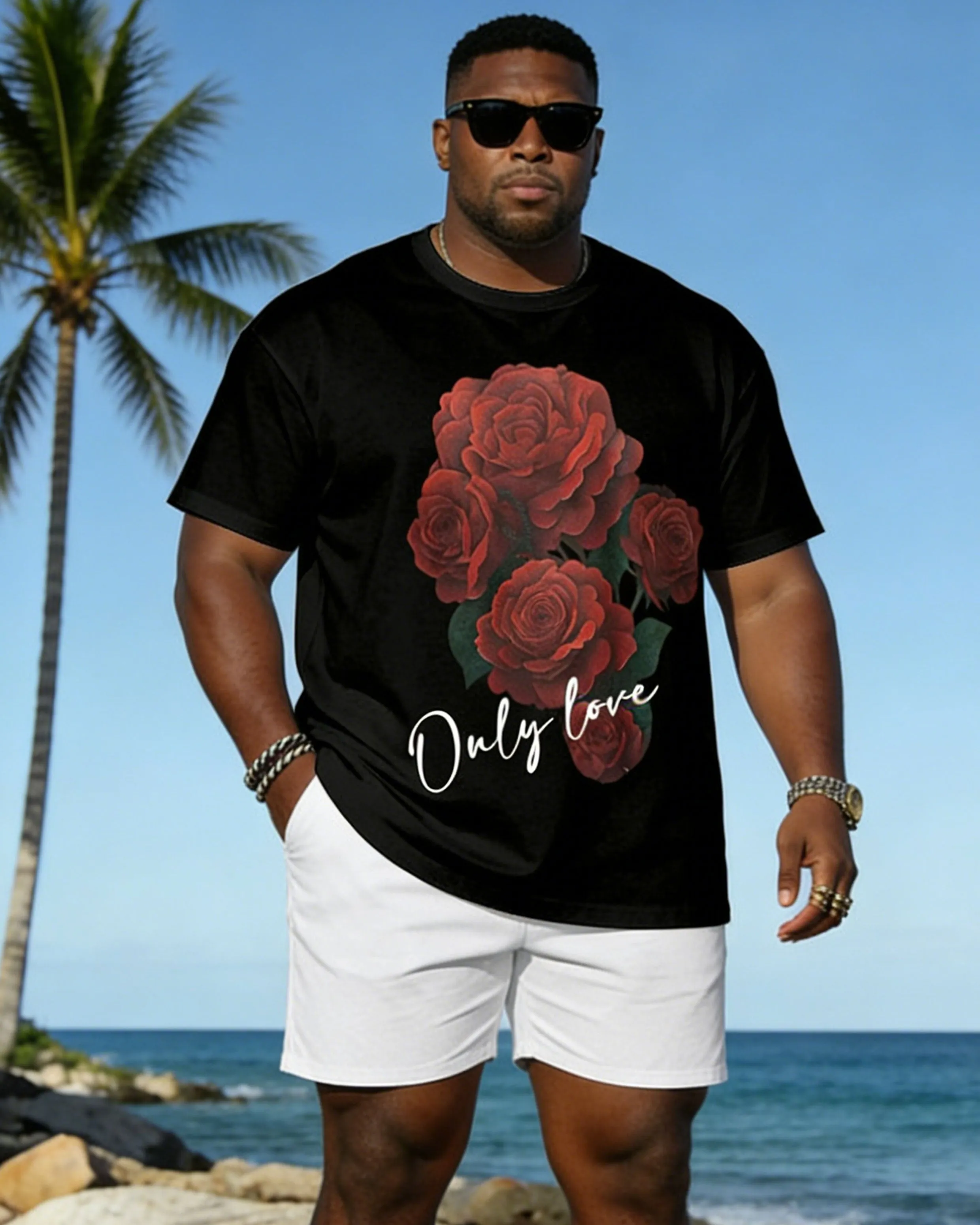Big & Tall Spring And Summer New Valentine's Day Dating Party Party Holiday Rose Pattern Printed Round Neck Short Sleeve T-Shirt Shorts Set Couple Dress sold by Biggmans product image thumbnail 2