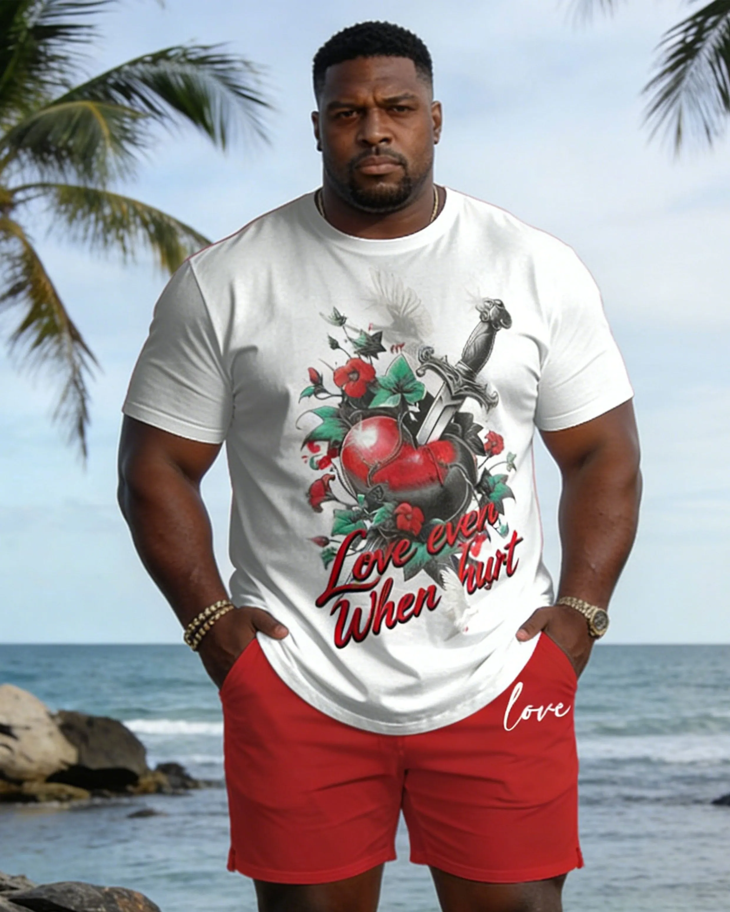 Big & Tall Spring And Summer New Valentine's Day Dating Party Party Vacation Sword Love Rose Round Neck Short Sleeve T-Shirt Shorts Set Couple Dress sold by Biggmans product image thumbnail 3