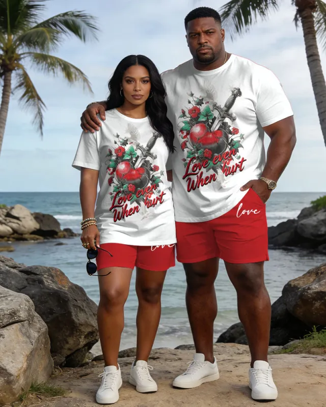 Big & Tall Spring And Summer New Valentine's Day Dating Party Party Vacation Sword Love Rose Round Neck Short Sleeve T-Shirt Shorts Set Couple Dress made by Biggmans