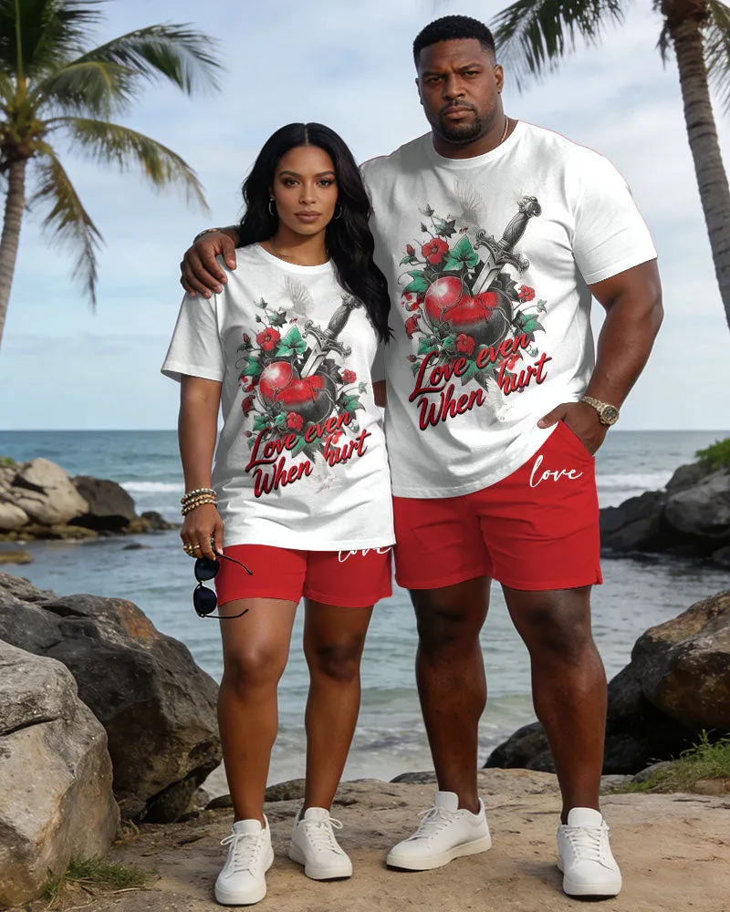 Big & Tall Spring And Summer New Valentine's Day Dating Party Party Vacation Sword Love Rose Round Neck Short Sleeve T-Shirt Shorts Set Couple Dress sold by Biggmans