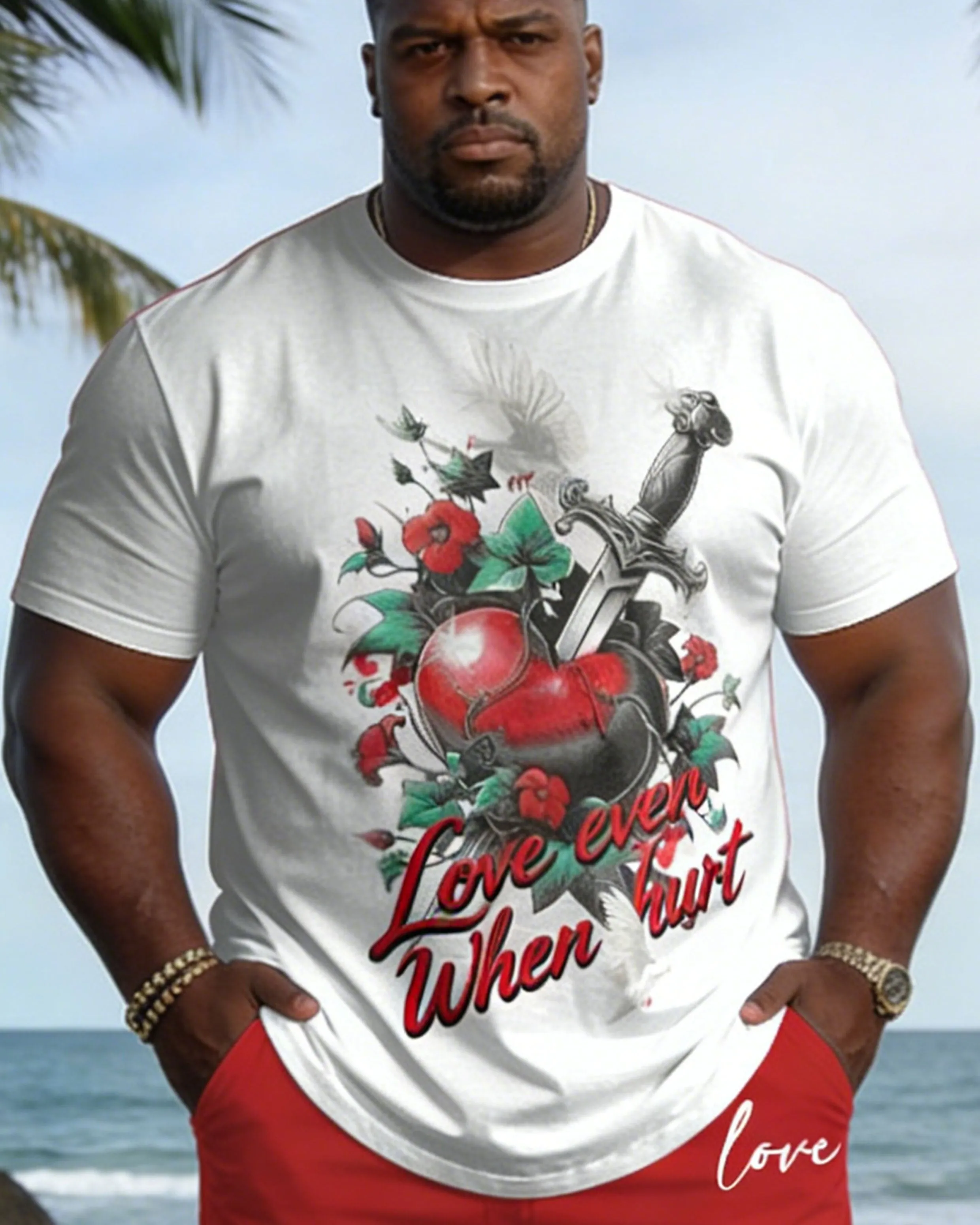 Big & Tall Spring And Summer New Valentine's Day Dating Party Party Vacation Sword Love Rose Round Neck Short Sleeve T-Shirt Shorts Set Couple Dress sold by Biggmans product image thumbnail 5