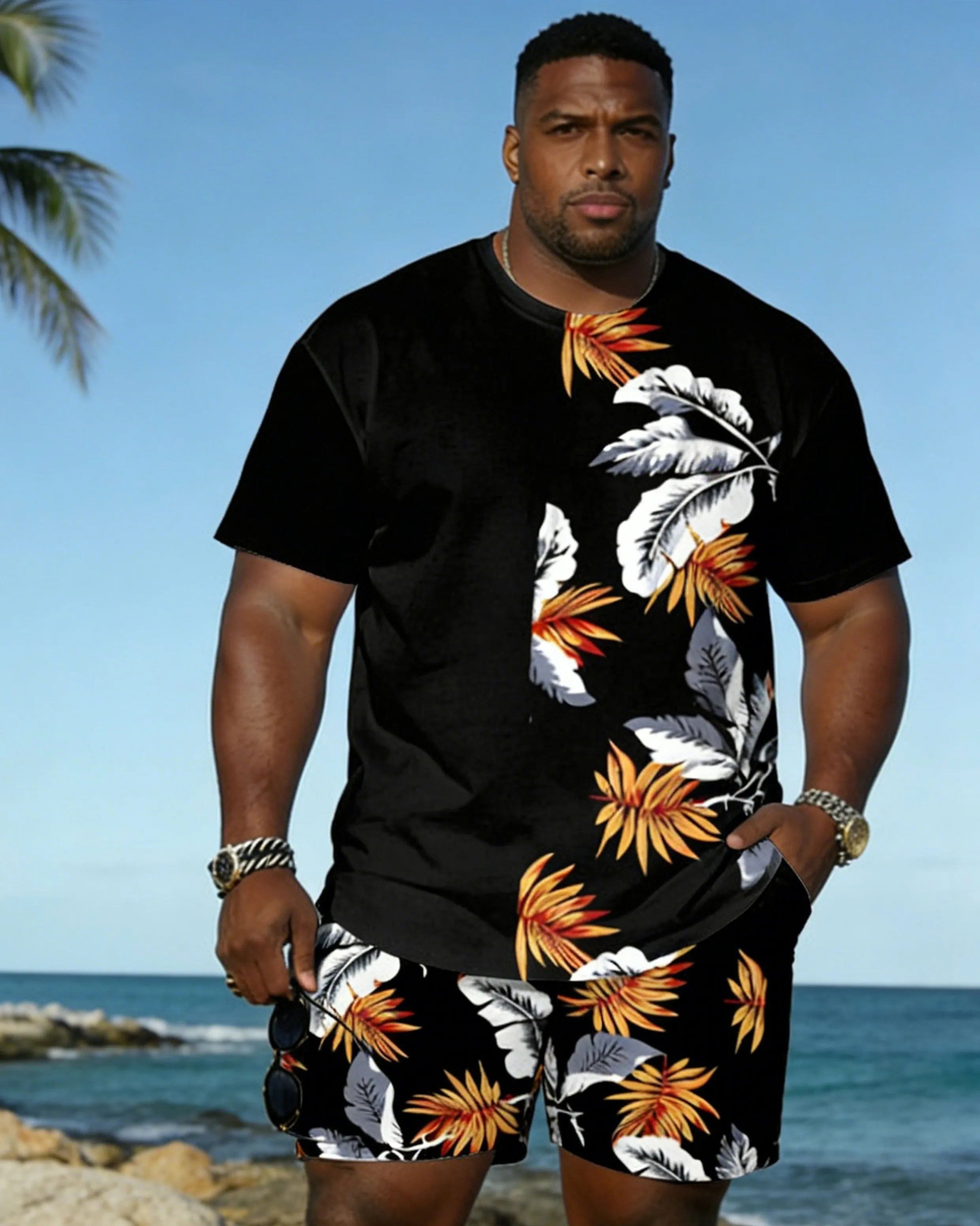 Big & Tall Spring And Summer New Valentine's Day Dating Party Party Holiday Hawaiian Flower Stitching Crewneck Short Sleeve T-Shirt Shorts Set Couple Dress sold by Biggmans product image thumbnail 3