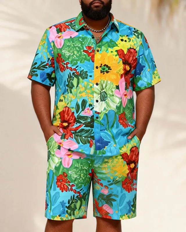 Big & Tall Men's Painted Tropical Floral Contrast Printed Short Sleeve Shirt Shorts Set made by Biggmans