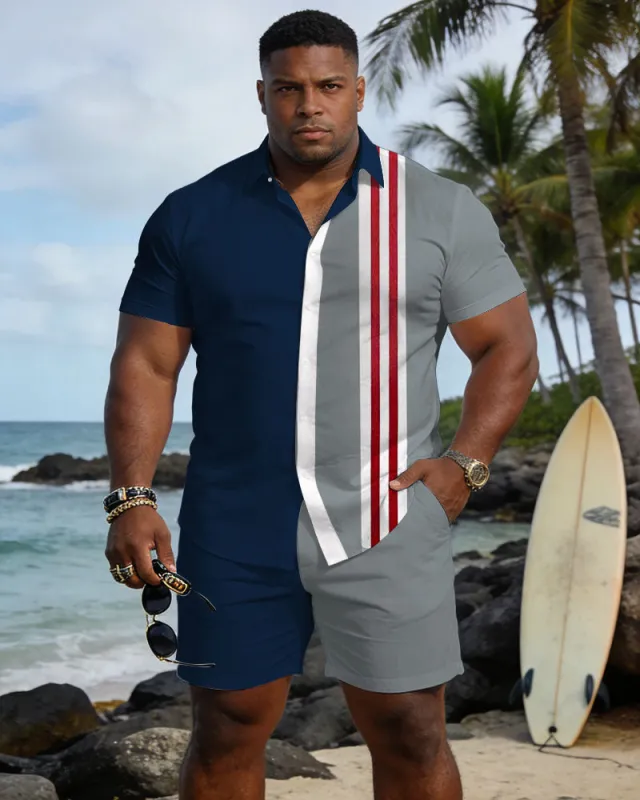 Big & Tall Men's Spring And Summer New Casual Vacation Simple Sparky Blue & Grey Striped Contrast Short Sleeve Shirt Shorts Set made by Biggmans
