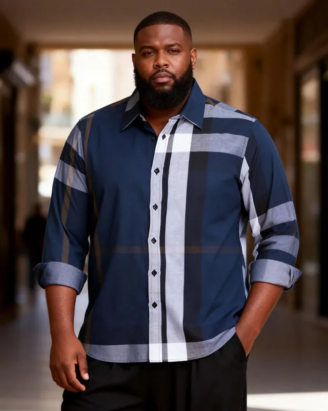 Big & Tall Men's Navy Blue Gradient Check Print Long Sleeve Shirt made by Biggmans